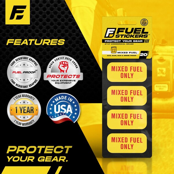 Mixed Fuel Sticker, 2-Cycle Label: Fuel Can & Outdoor Power Equipment, Hvy-Dty, 2''x1'', 20PK